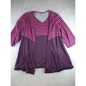 Catherines Duet Stripe Top Cardigan Shirt Women's 1x Pink Knit Faux Cardigan